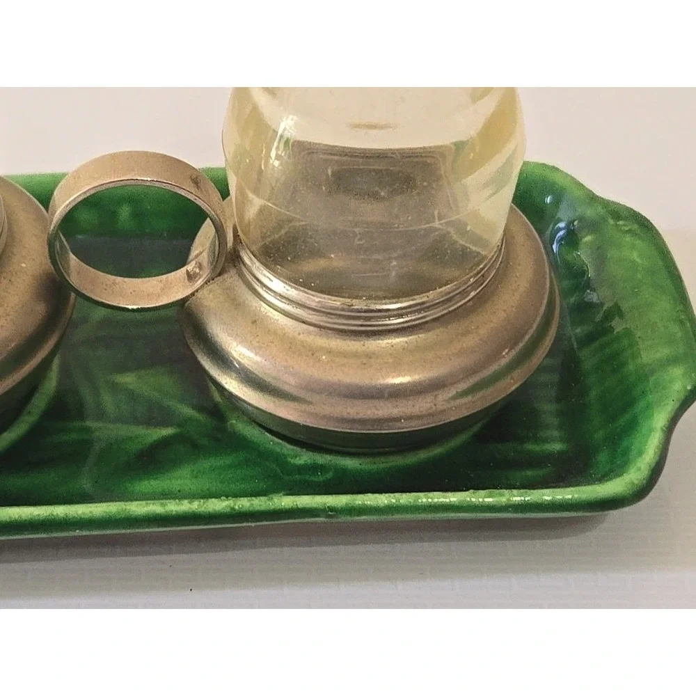 Vtg Japan Salt & Pepper Shakers Oil Lamp Metal Plastic Platform Hurricane MCM 3